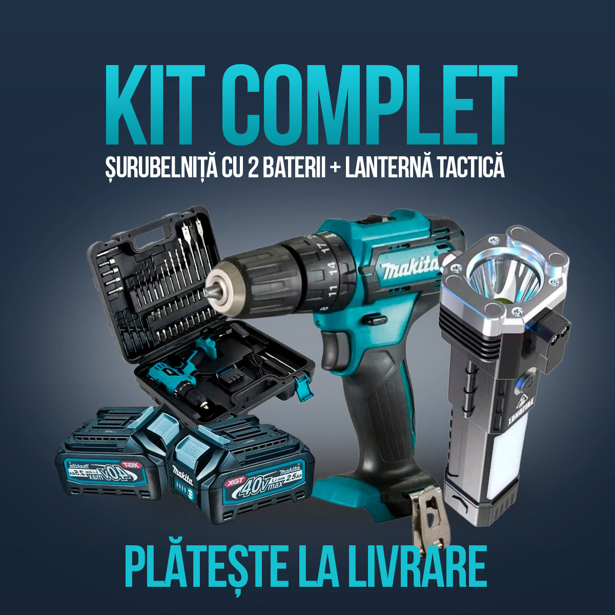KIT ORIGINAL | Burghiu cu impact puternic + 45 ACCESORII + 2 BATERIE 48v - SUPER PROMOTIE